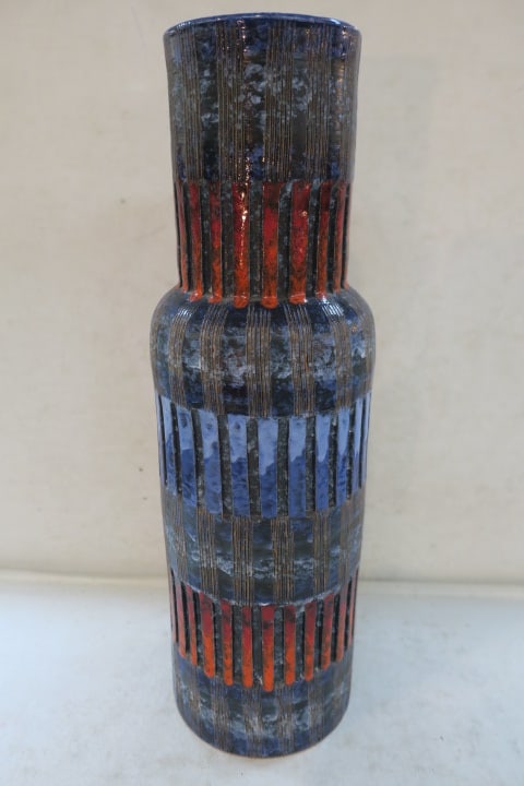 MCM Raymor Italy, ROSENTHAL Nester Vase:: Deeply Carved And Glazed in Rich Red, Orange and Blues, Marked Raynor Italy and O653, 15 1/2"T, Made by Fratelli Fanciullacci, Ca 1950-1960.