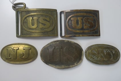Five Civil War Brass Buckles and Plate: