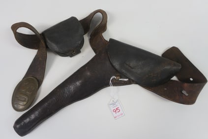 Civil War Leather Belt, Holster, Cap Box, Brass Buckle: