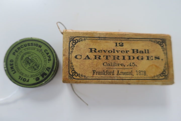 Collection of Antique Ammo and Bullet Mold:: Union Metallic Cartridge Co Tin With Foil Lined Percussion Caps. Unopened Box of 1878 Frankford Arsenal 12 Revolver Ball Cartridges, .45 Caliber. The Marlin Foirearms co (Successor to Ideal MFG Co) Bu