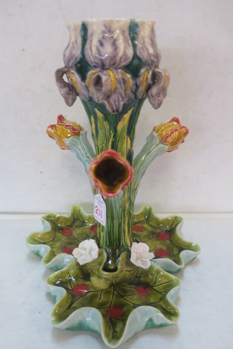 Continental Majolica Epergne with Tulips and Iris: (1 of 4)