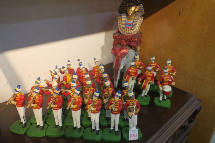 Circus Band Resin Figures With Elephant: The Group of 30 Resin Figures Includes 6 Drummers and 24 Playing the French Horn, Cornet, Flute, Bugle, Etc. Each painted in Red and White Uniforms with Their Shako Hats. The Elephant Carries King Tut