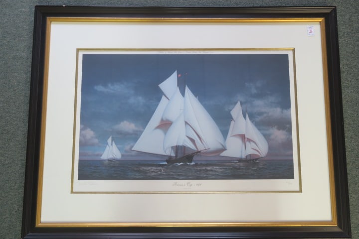 MICHAEL KEANE America's Cup 1876 Lithograph:: Marine Artist and Educator 1848-2015, Limited Edition #360/850, Done in 1989. Published by Chandler Mill. Pencil Signed. Won by the Madeleine , a 70 Ton Sloop. 43" X 33". Coa on Reverse.