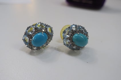 Pierced Turquoise, Diamond and Zircon Earrings: