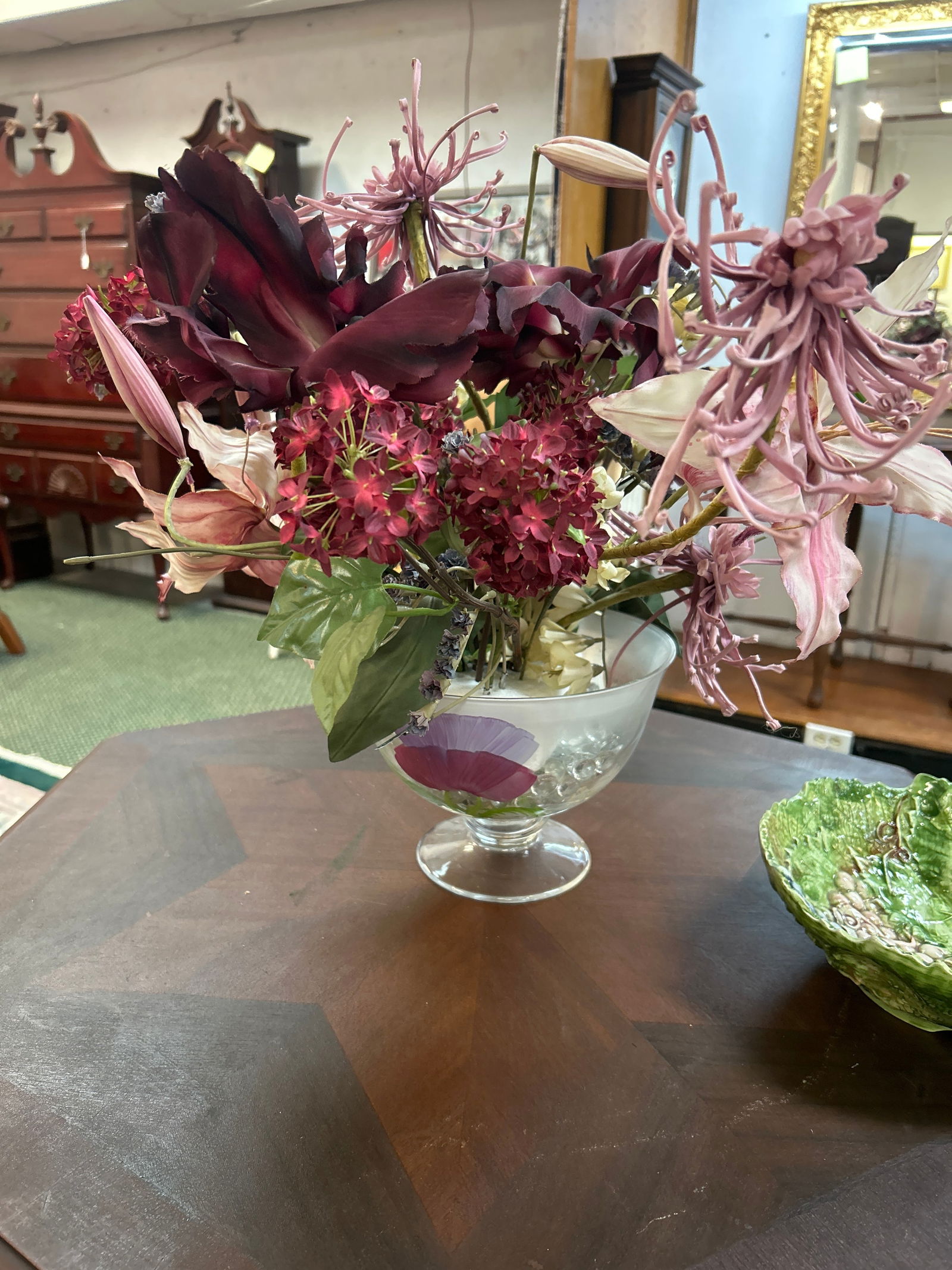 Artificial Flowers in Clear Glass Pedestal Vase: (1 of 1)