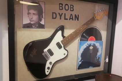 Montage of Signed BOB DYLAN Guitar, Photo and Record Album: