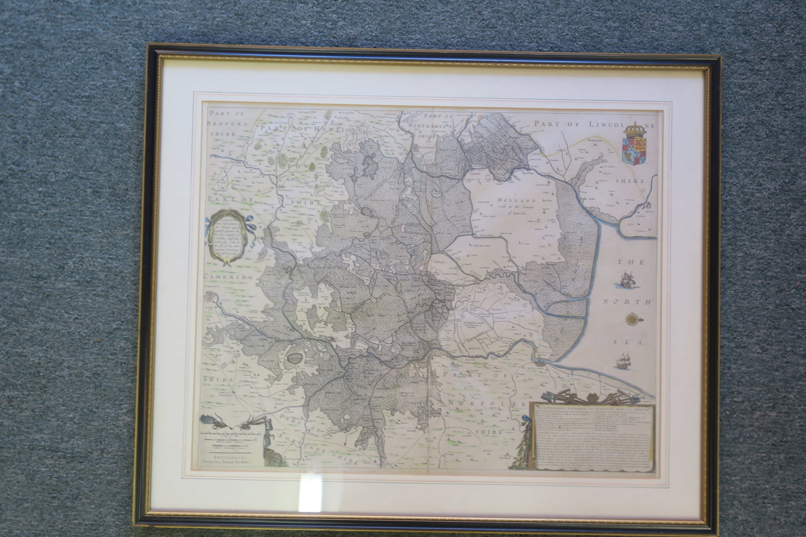 Antique Map of English Fennes and Latin Pages: Map is a General Plott and Discription of the Fennes and Surround Grounds in the Six Counties of Norfolke, Suffolke, Cambridge, Etc. Pages of Description of the Feenes in Latin on Reverse. Framed to 2