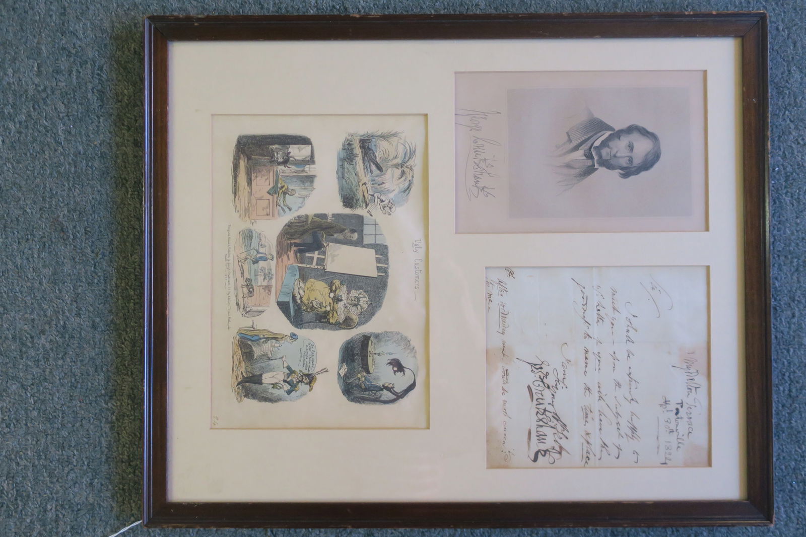 GEORGE CRUIKSHANK Portrait, Letter Signed & Cartoons: Homage Piece with Portrait of Cruikshank over Pencil Signature, Personal Letter Signed by Cruikshank Dated May 30th, 1824, and A Selection of his Cartoons "UGLY CUSTOMERS". Cruikshank (1792-1878) was