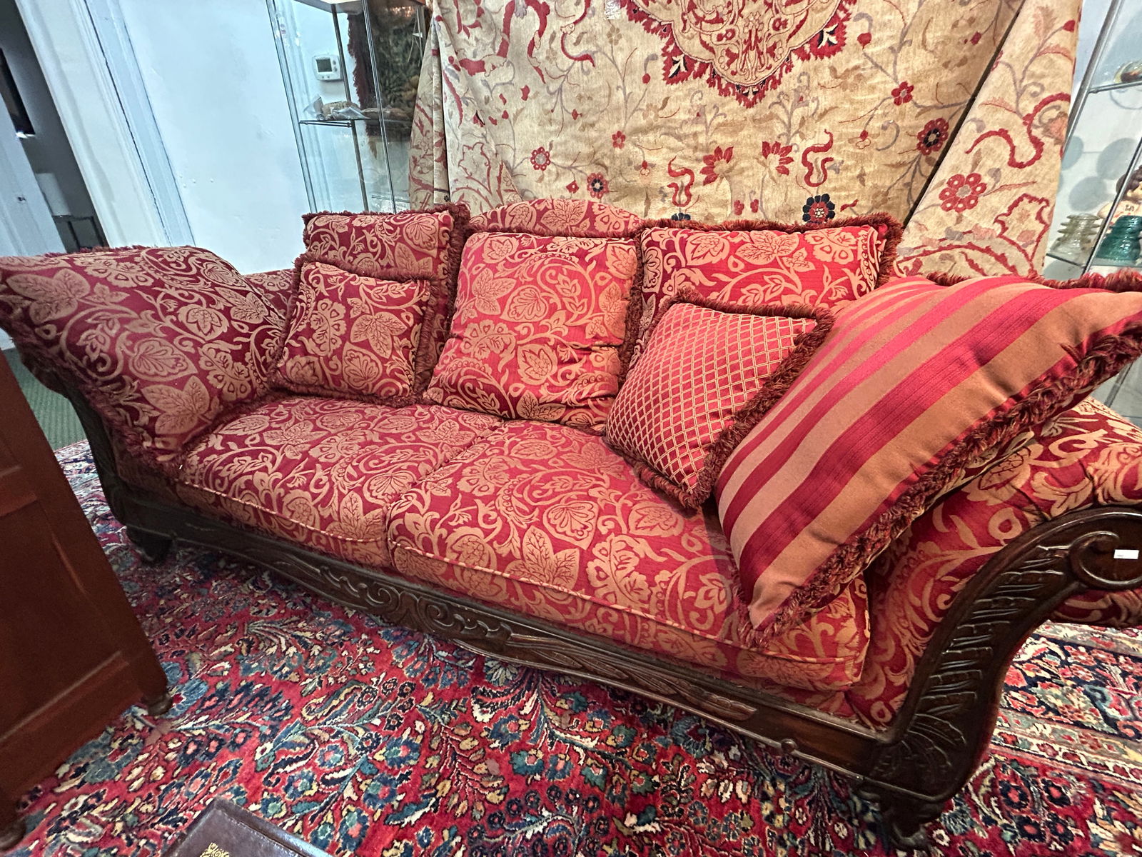 Burgundy and Tan Sofa with Rolled Arms (1 of 2)