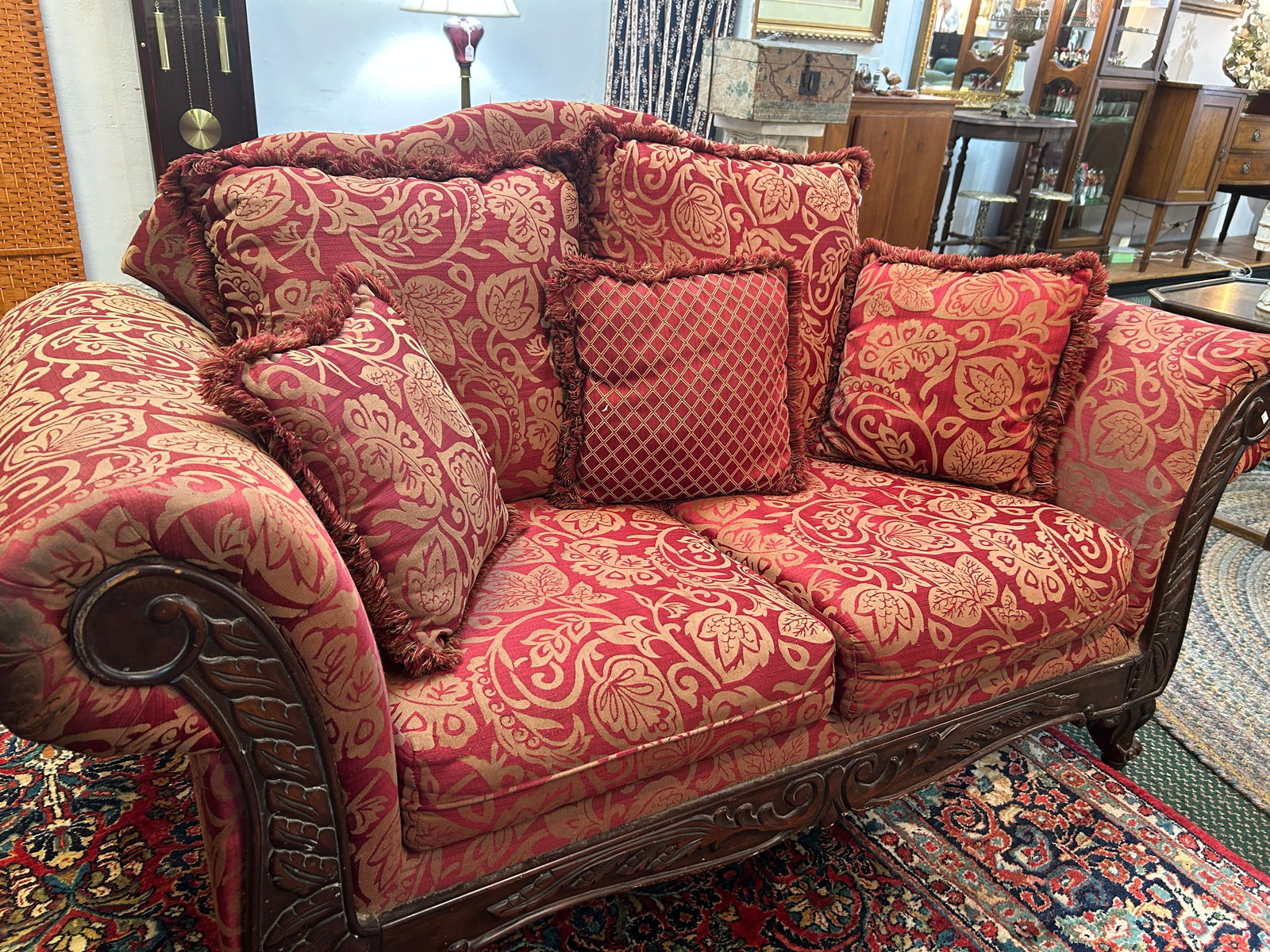 Burgundy and Tan Love Seat with Rolled Arms (1 of 3)