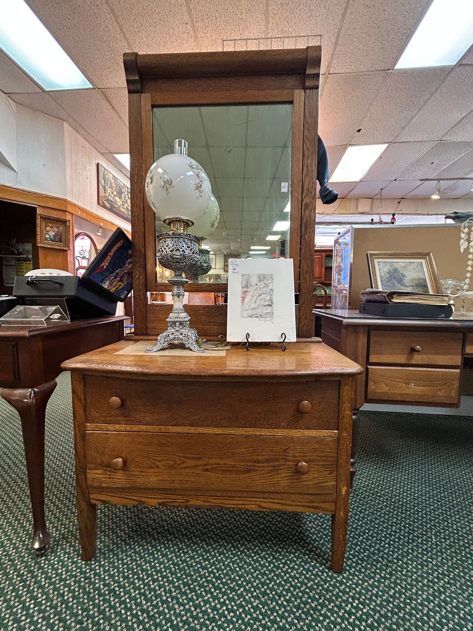 Vintage Oak Two Drawer Chest with Framed Swing Mirror (1 of 3)