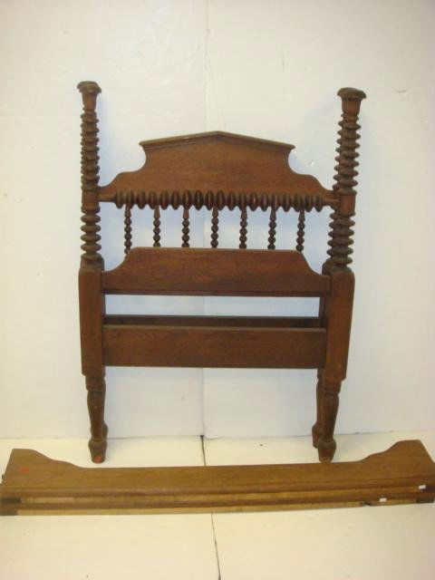 Walnut Youth Size Spool Bed: Walnut Youth Size Spool Bed: Spindle Back and Headboard with Spool Posters. Shaped Side Rails. Headboard is 42"T at Back and 32"W. Lower Footboard. (100-200)