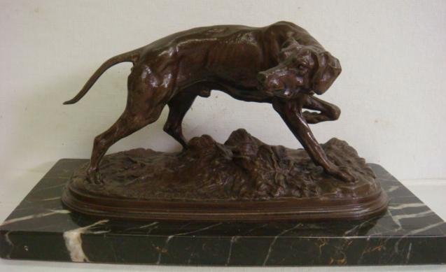 Bronze Pointer Dog After PIERRE JULES MENE:: Bronze Pointer Dog After PIERRE JULES MENE: French Sculptor, 1810-1879. Pioneer Animal Sculptor, Legion of Honor Winner. Title Chien Braque Suel, Sand Cast. Working Pointer with Oak Leaves on Marble B