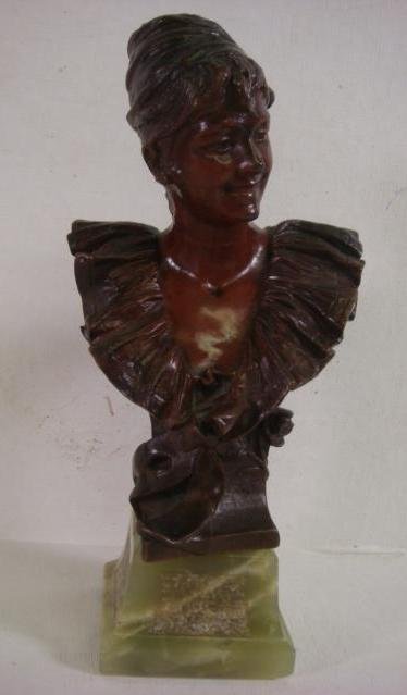 After VAN DER STRAETEN Bronze Female Bust:: After VAN DER STRAETEN Bronze Female Bust: Belgium Sculptor, 1856-1928, Worked in Paris. Original Piece was Done Circa 1900. Incised with Foundry Mark and Signature. 6"T on 1/2" Green Marble Base. (25