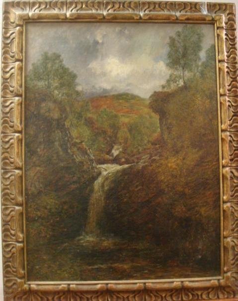 19th C. Oil on Canvas Waterfall in Carved Frame:: 19th C. Oil on Canvas Waterfall in Carved Frame: Illegible Artist Signature on Back. CA 1850's. Stenciled on Back "Prepared By Charles Roberson, 99 Long Acre London", British Artist Supplier, One of M