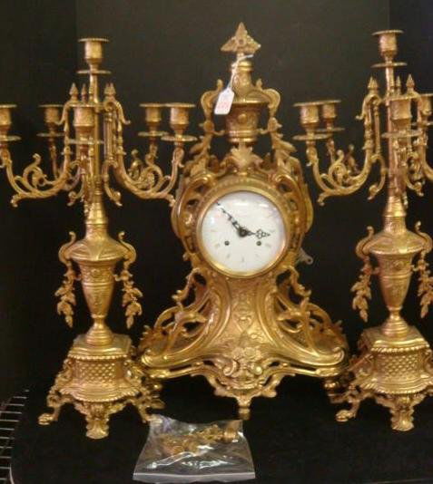 IMPERIAL Brass Clock and Garniture Set: IMPERIAL Brass Clock and Garniture Set: Brass Set with Pair of 24"T Candelabras and Matching Imperial Clock Made in Italy. Candelabra have a Central and 5 Surrounding Candlesticks. Franz Hermie German
