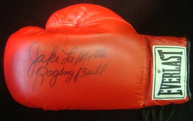 JAKE LAMOTTA RAGING BULL Autographed Boxing Glove:: JAKE LAMOTTA RAGING BULL Autographed Boxing Glove: Italian American Boxer and World Middleweight Champion. Knocked Down only once in his Career. Played by Robert DiNiro in the Movie "RAGING BULL" (200
