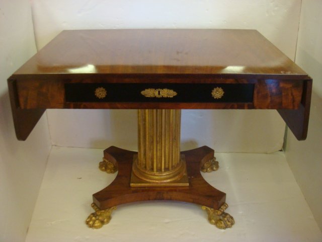 Swedish BIEDERMEIER Mahogany Drop Leaf Breakfast T: Swedish BIEDERMEIER Mahogany Drop Leaf Breakfast Table Northern European Table with Gilt Fluted Center Column & Gilt Full Paw Feet. Figural Mahogany Frieze Centered with Ebonized Single Drawer. Brass 