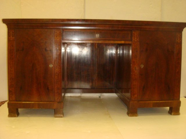 Danish BIEDERMEIER Walnut Inlaid Desk:: Danish BIEDERMEIER Walnut Inlaid Desk: Wide Banded Top Separated with Line Inlay from Book Matched Veneer Top. Marquetry Inlay over Burl Columns which Flank Each Hinged Side Cabinet. One Cabinet with 