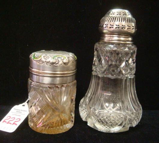 Cut Crystal Shaker, Mustard Jar with Sterling Tops: Cut Crystal Shaker, Mustard Jar with Sterling Tops: Paneled & Diamond cut Crystal Shaker has Pierced Sterling Top with Chester, England Marks, Barker Bros 1914 Date Mark. 5 1/2"T. Crystal Jar has Ster