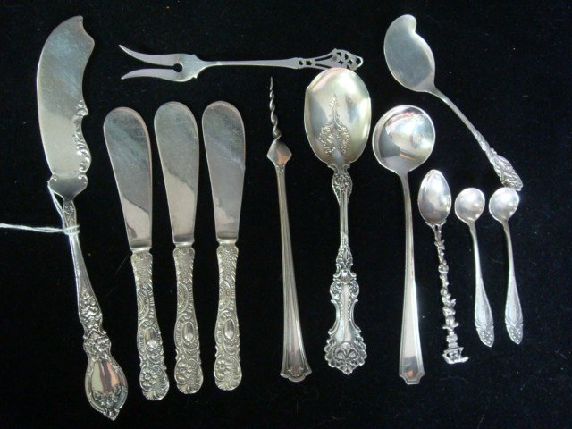 Twelve Assorted Sterling Silver Serving Pieces:: Twelve Assorted Sterling Silver Serving Pieces: Baker-Manchester 7 1/2" Master Butter Knife, Frank Whiting Small Jelly Server, Whiting Pompadour 6" Sugar Spoon, Webster Pierced Handle Lemon Fork, Durg