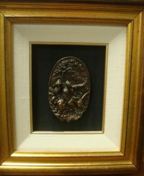 1960's EMPEROR NAPOLEON Belt Buckle, Nudes/Swans:: 1960's EMPEROR NAPOLEON Belt Buckle, Nudes/Swans: Hallmarked on Reverse with Profile of Emperor. 3 3/4"L X 2 1/2"W. Baroque Style Relief of Scene of Women, Forest and Swan. Shadow Box Mounted and Fram