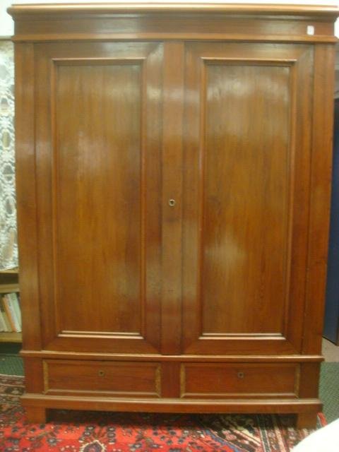 German Pine 19th C. Blind Door Library Cabinet:: German Pine 19th C. Blind Door Library Cabinet: Flat Molded Cornice over Double Door Case, opens to Single Shelf. Base has 2 Side by Side Drawers. Raised on Block Feet, paneled Sides and front. Disman