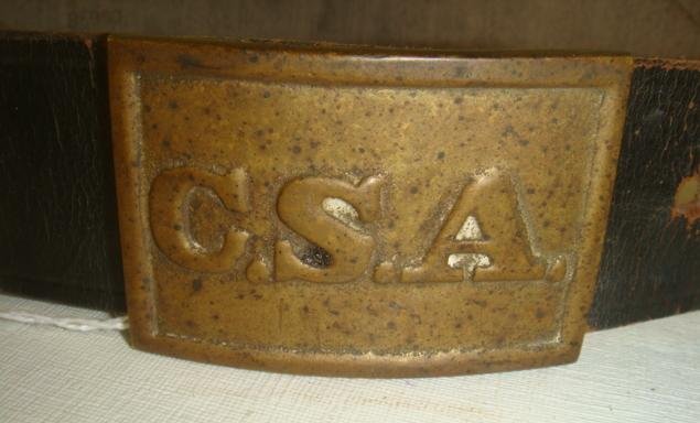 C.S.A. Three Prong Belt Buckle & Leather Belt:: C.S.A. Three Prong Belt Buckle & Leather Belt: 1 7/8" x 2 5/8" Estate of John Ennis, 23rd Virginia Infantry. (50-250)