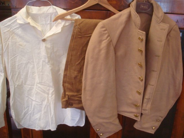 Re-Enactor Confederate "Butternut Brown" Uniform:: Re-Enactor Confederate "Butternut Brown" Uniform: Wool Shell Jacket with Seven "CSA" Buttons. Cotton Shirt & Wool Trousers. Leather Belt. Estate of John Ennis, 23rd Virginia Infantry. (350-600)