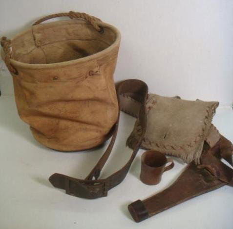 Cavalry Canvas Water Bucket, Musette Bag, Tin Cup: Cavalry Canvas Water Bucket, Musette Bag, Tin Cup: Leather Belt with Civil War Style Stamped One Piece Buckle, Canvas Water Bucket, Fringed Musette Bag, and Quick Draw Holster and Hand Hammered Tin Cu