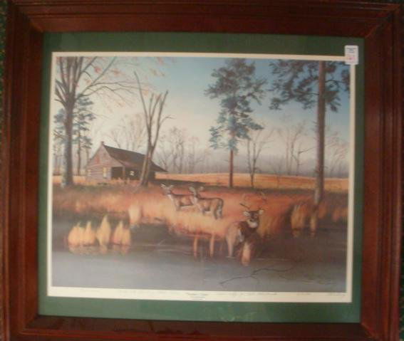 Limited Edition Lithograph by P A LAVELY: Limited Edition Lithograph by P A LAVELY: Done in 1984, Titled Hunters Cabin, #425/600. Signed Twice and Dedicated in Center. Savannah Educator and Artist. 30" X 27" in Frame. (100-200)