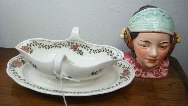 MEISSEN Gravy and Underplate, Covered Figural Jar: MEISSEN Gravy and Underplate, Covered Figural Jar: Meissen Gravy Boat with Attached Underplate in Indian Flower Pattern is 8 1/2"L. Crossed Swords Mark. Asian Girl Ceramic Jar is 5"T. Incised 4956 and