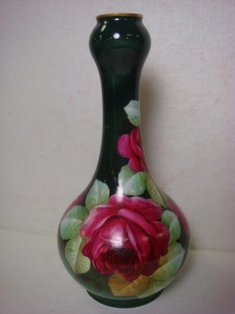 RICHARD GINORI Firenze Ware Handpainted Vase:: RICHARD GINORI Firenze Ware Handpainted Vase: Artist Signed, P. Doneirbari. Impress Stamp 2448. Made as Blank by Ginori and Decorated in US. Early 20thC. 10"T, Red Roses on Shades of Green. "Roman Gol