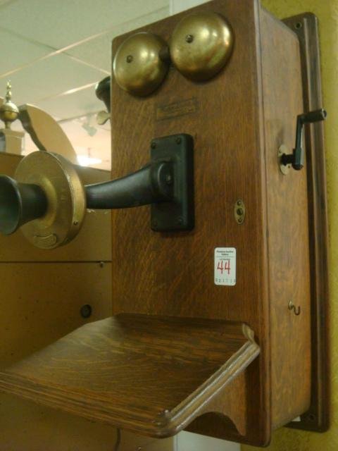 WESTERN ELECTRIC Oak 290W Wall Phone:: WESTERN ELECTRIC Oak 290W Wall Phone: Complete Unit with Brass Bells and Voice Transmitter. Mounted on Plain Front Wall Phone. CA 1915. Hand Crank. Interior Intact. (150-250)