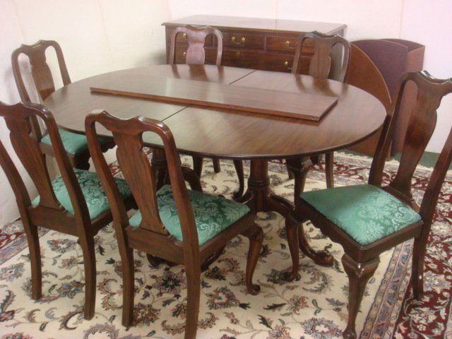 HENKEL HARRIS VA Galleries Mahogany Dining Set:: HENKEL HARRIS VA Galleries Mahogany Dining Set: Oval Table with Double Pedestal Base and Six Queen Anne Style Chairs. 65" X 48". Four 12" Leaves. Buffet has Three Side by Side Drawers Over Long Drawer