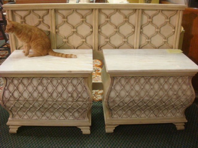 JAMESTOWN LOUNGE CO Colonnade Collection Bedroom:: JAMESTOWN LOUNGE CO Colonnade Collection Bedroom: Pair of Bombe Shaped 2 Drawer Night Stands with Marble Tops and King Headboard. Raised Trellis Pattern Beige on Beige. NY Company, 1880-1983. Stands a
