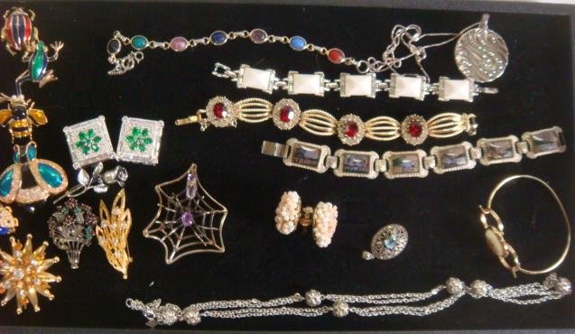 Assortment of Ladies Costume Jewelry:: Assortment of Ladies Costume Jewelry: 5 Enamel Pins, Sterling, Marcasite, Spider with Amethyst, Rhinestone and Starburst Pins. 925 Clip Earrings with Rhinestones, Bead Earrings From Japan, Reverse Pai