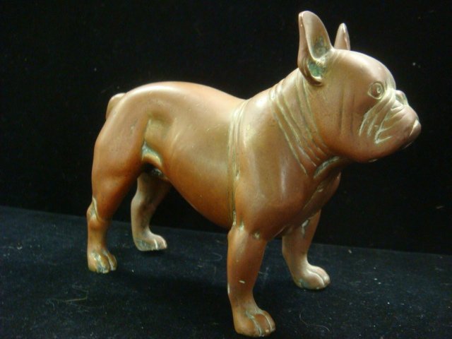 Standing Solid Bronze French Bull Dog Statue:: Standing Solid Bronze French Bull Dog Statue: Detailed Male Frenchie with Copper Wash. Stands 4 1/2"T at Ear Tip. Wrinkle Detail in Face and Neck. 5 3/4"L. Unmarked. (100-200)