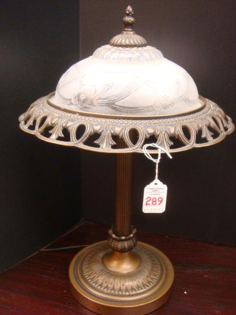 AMERICAN LIGHTING Metal and Glass Table Lamp:: AMERICAN LIGHTING Metal and Glass Table Lamp: Metal Base Lamp with Fluted Stem and Reticulated Shade Rim. Pressed Glass Shade with Metal Finial. (100-160)