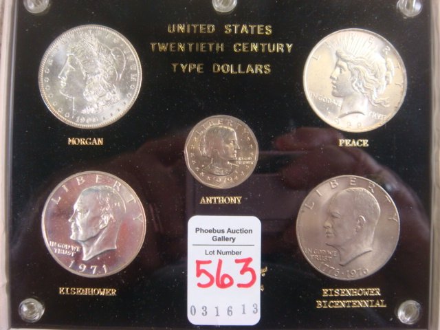 Collection of US Dollar Coins 20th Century:: Collection of US Dollar Coins 20th Century: 1900 MORGAN MS63, 1922 PEACE MS63, 1971 EISENHOWER PROOF, SUSAN B ANTHONY 1979 MS63, 1776-1976 EISENHOWER MS63. In Plastic Display Cover. (175-325)