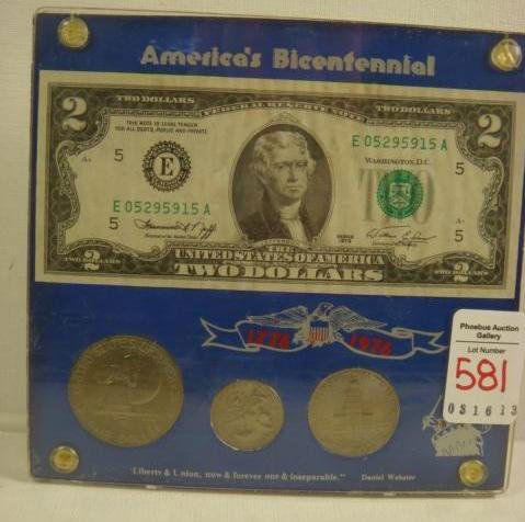AMERICA'S BICENTENNIAL COINS & CURRENCY:: AMERICA'S BICENTENNIAL COINS & CURRENCY: 1976 Two Dollar Bill, Eisenhower Dollar, Kennedy Half and Jefferson Quarter with Special Bicentennial Reverses. (20-40)