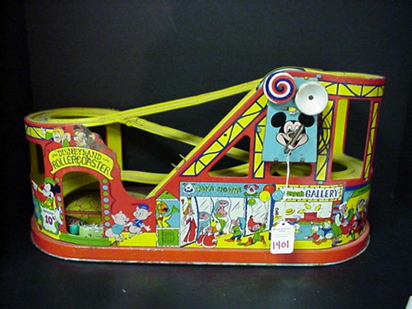 Chein Roller Tin Litho Coaster with Car: Chein Roller Tin Litho Coaster with Cars: Belt Needs Tightening. Otherwise Working. Minor Rust and Paint Flaking. Fairy Tale and Disney. 21"L.