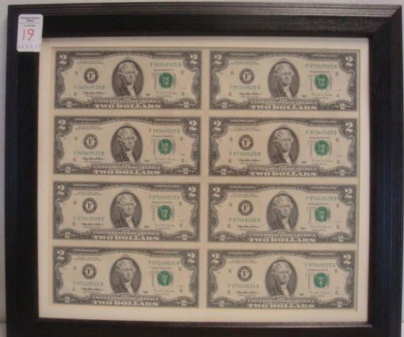 Sheet of Eight Uncut TWO DOLLAR Bills;: Sheet of Eight Uncut TWO DOLLAR Bills; Series of 1995, Sequence A2-H2, Special Non-Circulation Printing Done in Fort Worth Texas. 16" x 14" Framed and Matted. Double Framed so Back is Visible. (50-100
