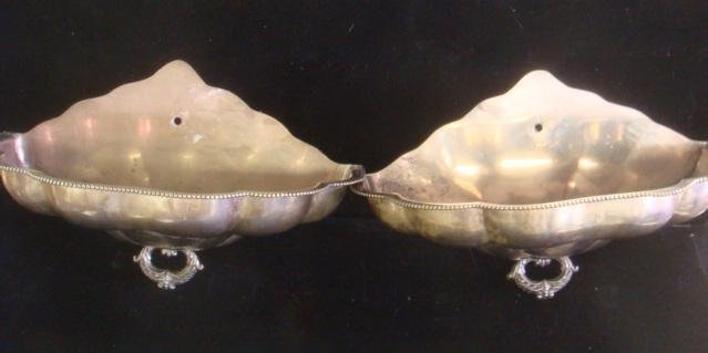 Pair of Silver Over Copper Plant Sconces:: Pair of Silver Over Copper Plant Sconces: Each Sconce Has Beaded Scalloped Rim and Stamped with Lion, S and Crown. 8 1/4"T X 13 1/2"W. Made by Slicing Tray Cover in Half. (100-200)