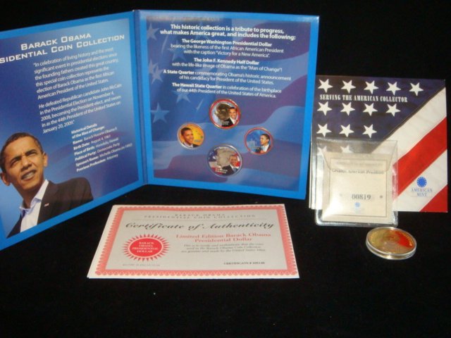BARACK OBAMA PRESIDENTIAL COIN Collections:: BARACK OBAMA PRESIDENTIAL COIN Collections: Proof Gold Plated Barack Obama Coin From American Mint. Painted US Washington Golden Dollar, Kennedy Half, Hawaii and State Quarter with Image of President 