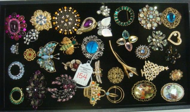 Ladies Suit and Lapel Pins with Colored Stones:: Ladies Suit and Lapel Pins with Colored Stones: Makers Include Bold Elegance, Austria and Monet. Weiss Butterfly Trembler. Some with Vintage Look. Scenic Transfer Marked Germany and One Handpainted Fl