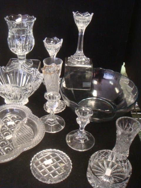 Collection of Clear Pressed & Cut Glass Table Items:: Collection of Clear Pressed & Cut Glass Table Items: Includes Three Pairs of Candlesticks, Handled Bowl, Divided Dish, Four Bowls, Celery, Wine Stems, Coaster, Vase. (40-60)