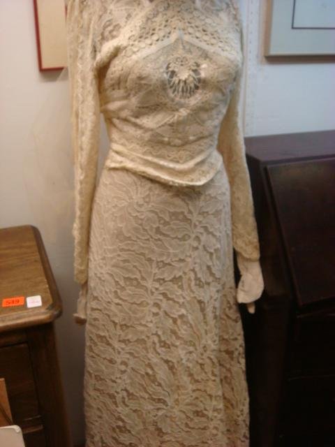 Two Pc. Victorian Style Wedding Dress with Fancy Hat:: Two Pc. Victorian Style Wedding Dress with Fancy Hat: Various Lace Panels Sewn Vertically on Sleeves and Horizontally on Fitted Bodice with High Neck. Lined in Tan Satin, Snap Closure Back. Hat has Be