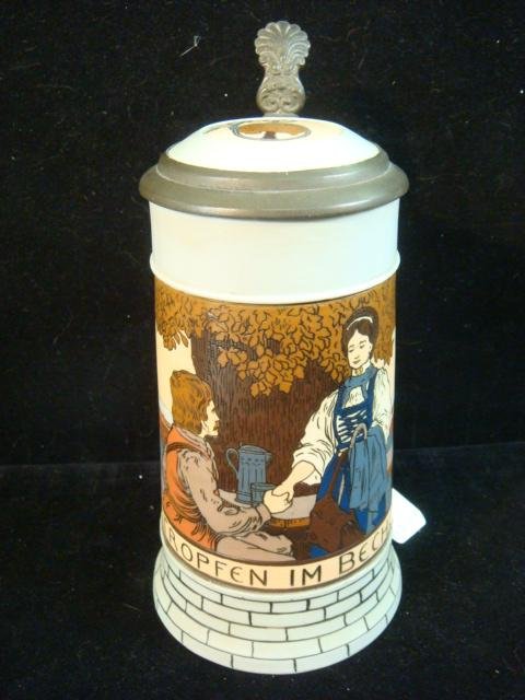 VILLEROY & BOCH METTLACH Etched 1/2 Liter Stein: VILLEROY & BOCH METTLACH Etched 1/2 Liter Stein: Brick Wall Series with Romantic Couple. Etched Tree on Lid. Incised Abbey Mark and 2833D. 7 1/2" Tall. (400-600)