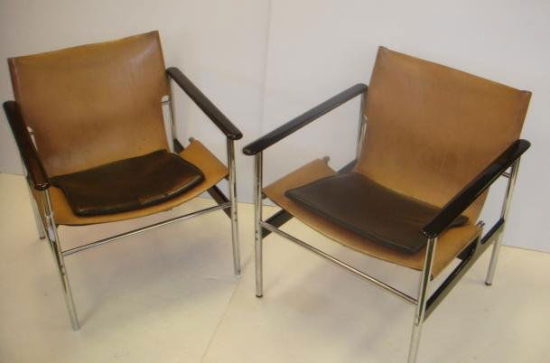 Rare Pair CHARLES POLLOCK, KNOLL LEATHER SLING CHAIRS:: Rare Pair CHARLES POLLOCK, KNOLL LEATHER SLING CHAIRS: Designed in 1960 the Most Famous of Charles Pollock's Chair Designs for Knoll, M657. Rare and in Very Good Condition, Age Appropriate Wear. 27 3/